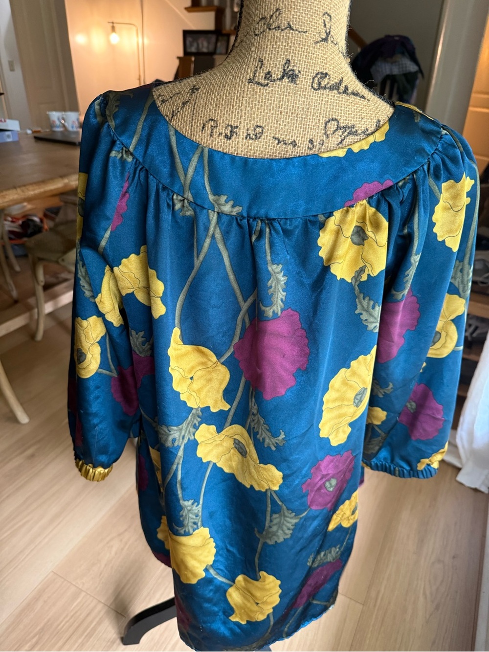 Metro 7 Navy Floral Puff-Sleeve Blouse with Yellow & Burgundy Blooms